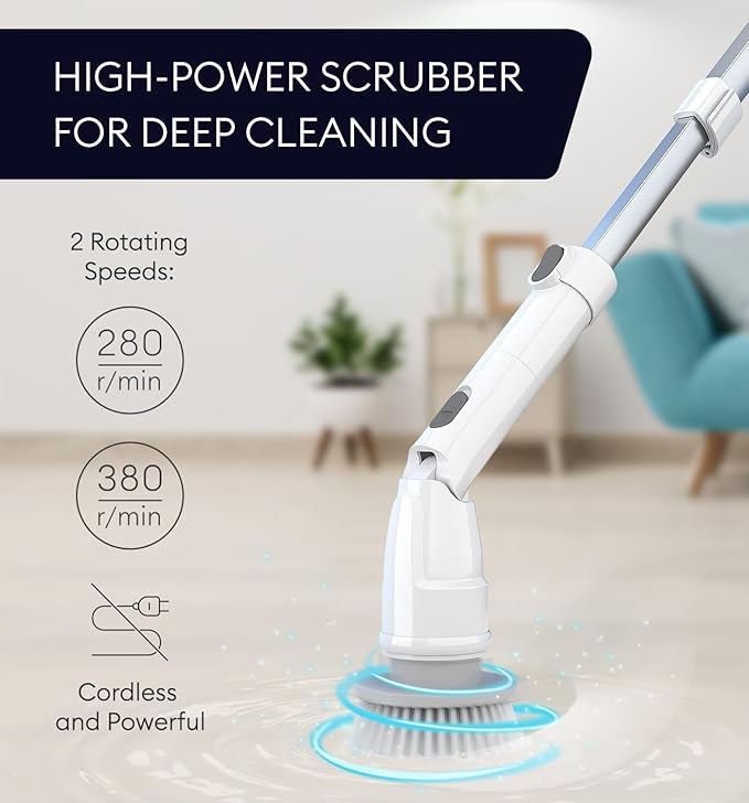 Electric Spin Scrubber, 360 Cordless Powerful Scrub Brush for Cleaning Bathroom, Tile, Floor, Tub & Shower with Adjustable Extension Handle and 3 Replaceable Rotating Brush Heads (Packaging May Vary)
