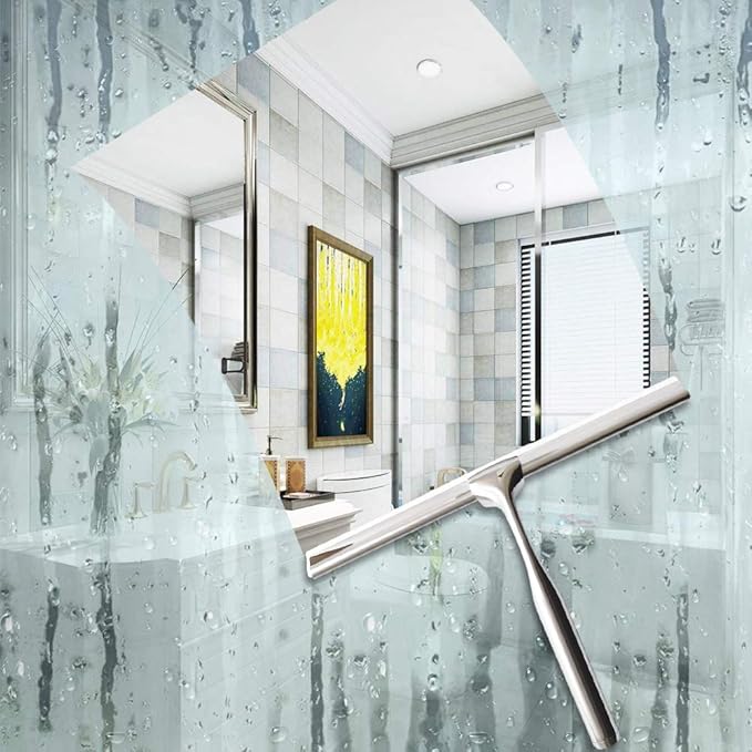 Shower Squeegees Stainless Steel with Self Adhesive Hook Window Squeegees for Shower Doors Bathroom Mirror Wiper, Window Glass Cleaning