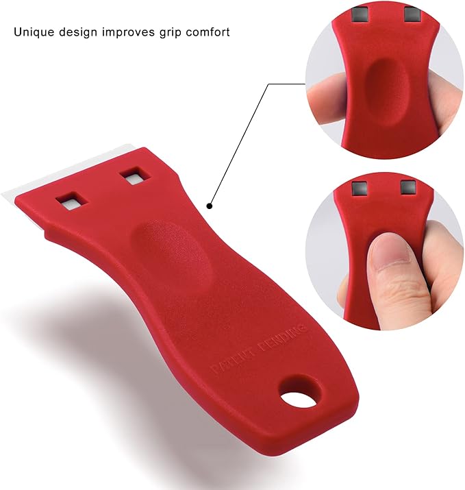 FOSHIO 2PCS Plastic Razor Blade Scraper Tool and 100PCS Plastic Blades for Gasket Remover, Sticker Remover, Labels Decal and Adhesive Remover for Windows and Glass (Red)