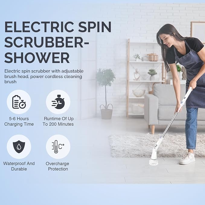 Electric Spin Scrubber - Cordless Cleaning Head with 6 Replaceable Brushes - 90° Rotatable - Ideal for Floor, Window, Cars - Ivory White