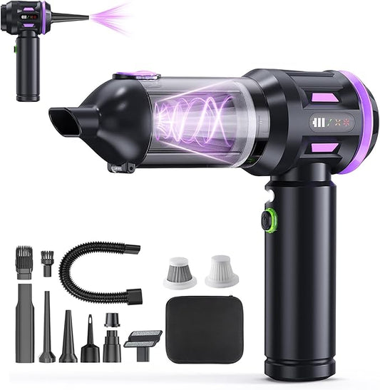 Portable Cordless Car Vacuum, 4-in-1 Handheld with Air Blower, Brushless Motor, 22000Pa Suction, Type-C Fast Charging, LED Light, for Pet Hair Car Home Office, with Case (Black Purple)