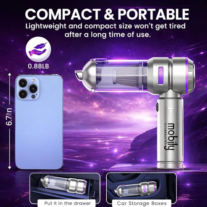 2026 Upgraded 4-in-1 Handheld Cordless Car Vacuum Cleaner, 16000PA High Power Air Blower & Mini Car Vacuum Cleaner with LED Light for Home, Office & Auto, 15000mAh long Battery & Type-C Fast Charging