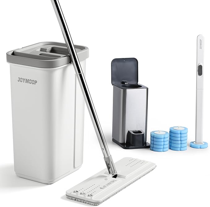 JOYMOOP Bathroom Cleaning Set, Mop and Bucket System with Toilet Brush Set, White, Microfiber Flat Mop for Household & Commercial Floor and Bathroom Cleaning