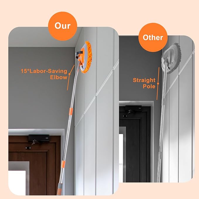 Wall Cleaner Mop with 68” Long Handle,15°Labor-Saving Elbow,Multi-Surface Duster for Painted Walls,Floor,Baseboard & Windows, Includes 2 Replaceable Microfiber Chenille Pads