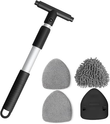 Car Windshield Cleaner Tool, Extendable Handle Triangle Vehicle Window Cleaner with 3 Washable and Reusable Microfiber P