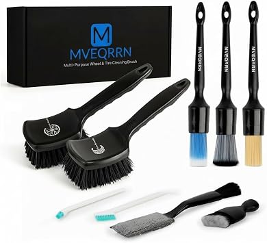 MVEQRRN 9PCS Boar Hair Car Detailing Brushes Set,Car Wheel Kit (Black)