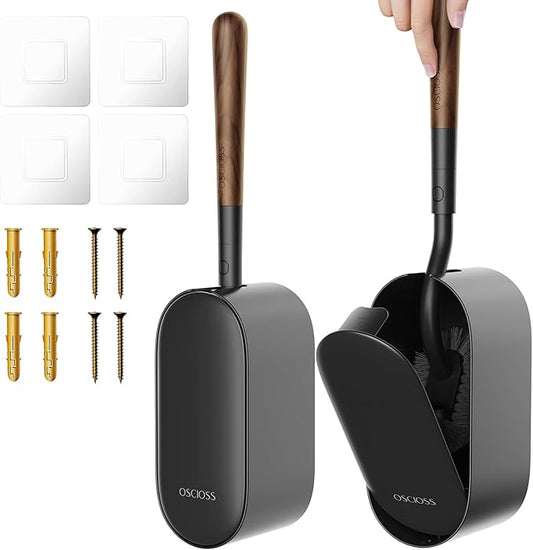 Toilet Bowl Brush and Holder, OSCIOSS Toilet Brush Set with Ergonomic Design, Compact Size, Durable Bristles, RV Toilet Brushes & Holders for Dead Corner Clean (Wood&Black, 2pack)