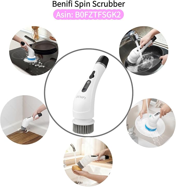 Electric Spin Scrubber Brush Set, Full-Body IPX7 Waterproof Cordless Electric Spin Brush with Power LCD Display, Cordless Electric Bathroom Cleaning Brush with 8 Brush Heads