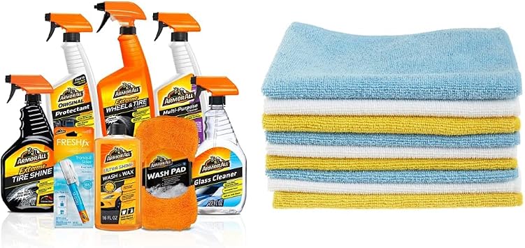 Armor All Premier Car Care Kit, Includes Car Wax & Wash Kit, Glass Cleaner, Car Air Freshener, 8 Pieces & Amazon Basics 