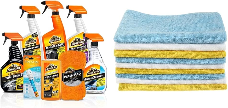 Armor All Premier Car Care Kit, Includes Car Wax & Wash Kit, Glass Cleaner, Car Air Freshener, 8 Pieces & Amazon Basics 