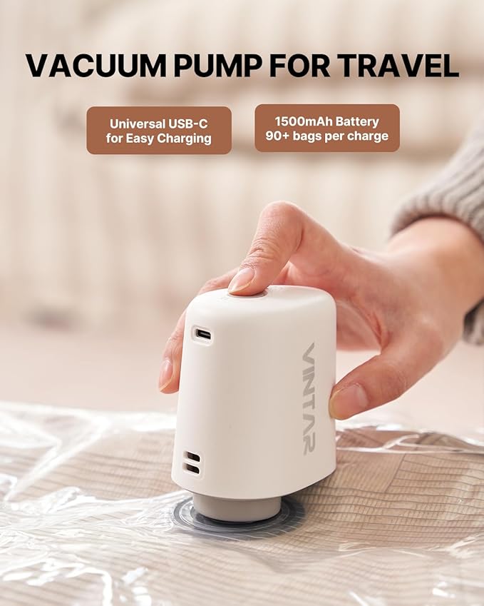 Cordless Electric Travel Vacuum Pump for Vacuum Storage Bags, VINTAR Portable Vacuum Sealer for Clothes, USB Rechargeable Air Pump for Compression Clothing Blanket Luggage (Storage Bag Not Included)
