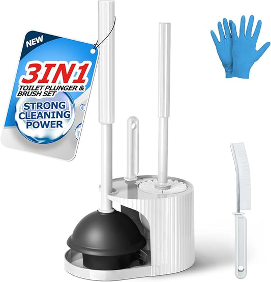 FORASTO 3 in 1 Toilet Brush and Plunger Set,Toilet Bowl Brush Plunger Set,Toilet Brush Plunger Combo,Cleaning Brush,Cleaning Supplies, Crevice Cleaning Brush, Bathroom Cleaning Tools, White