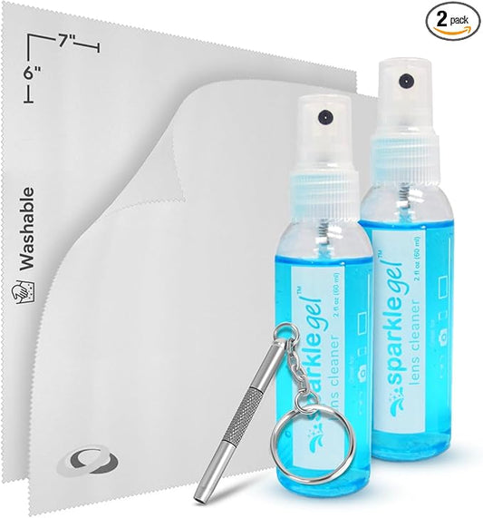 Sparkle Anti-Reflective Safe Gel Lens Cleaner & Repair Kit – (2) 2oz Glasses Cleaner Spray, (2) Microfiber Cloth & Keychain Screwdriver for Eyeglasses, Lenses & Screens (5 Piece Set)