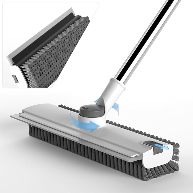 Scrub Brush with Long Handle, Floor Scrub Brush Squeegee Broom for Cleaning, 3 in 1 Shower Scrubber Floor Broom Squeegee for Concrete Tile Wall Deck Patio White