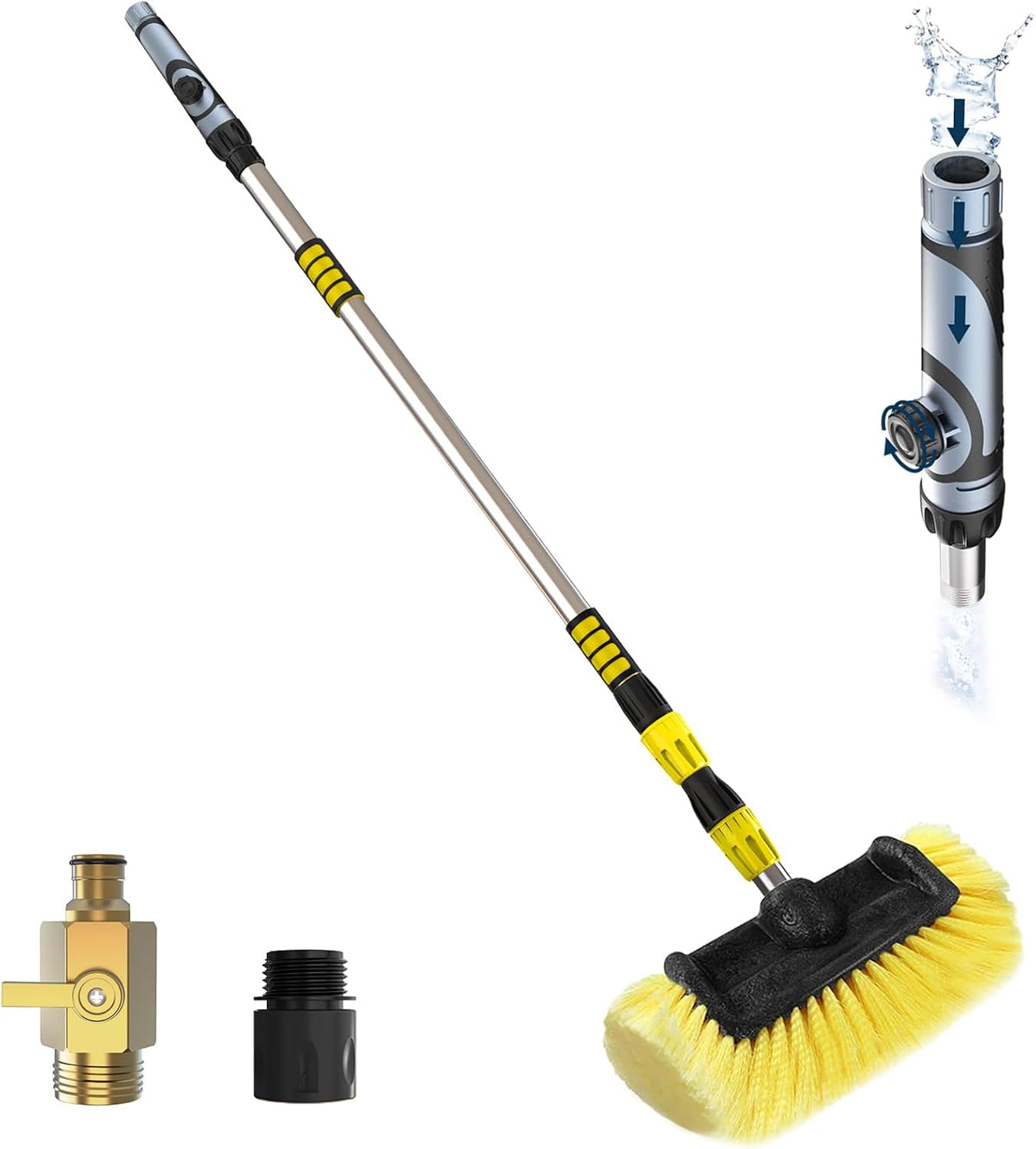 12FT Car Wash Brush with Long Handle, Car Cleaning Brush with 12 Inch Soft Bristle and Soap Dispenser, Solar Panels Cleaner with Telescoping Pole for RV, Truck, Boat, House Siding, Yellow