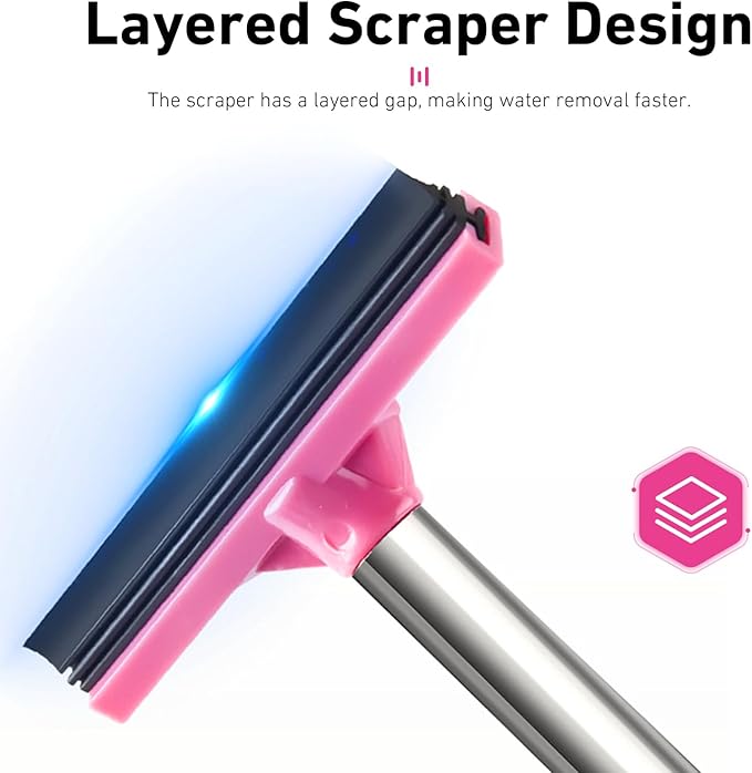 CouTun Car Side Mirror Squeegee, Retractable Car Rearview Mirror Wiper, 38.6in Long Handle Auto Glass Cleaning Tool, Multi-Functional Portable Side Mirror Wiper (Pink)
