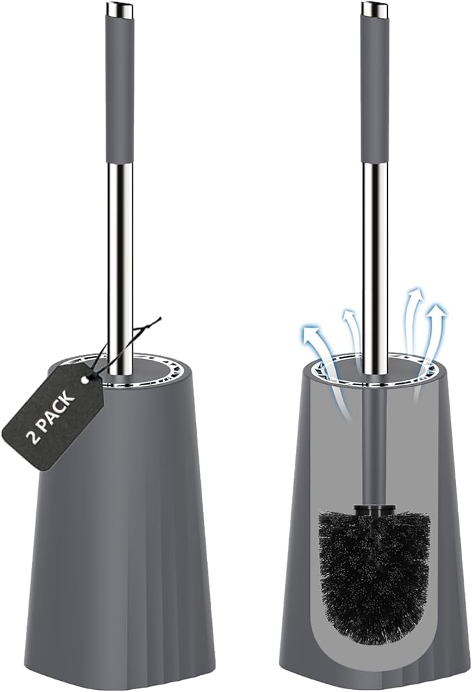 SetSail Toilet Brush, Compact Size Toilet Bowl Brush and Holder Toilet Brushes for Bathroom with Stainless Steel Handle Toilet Cleaner Brush with Durable Scrubbing Bristles, 2 Packs-Gery