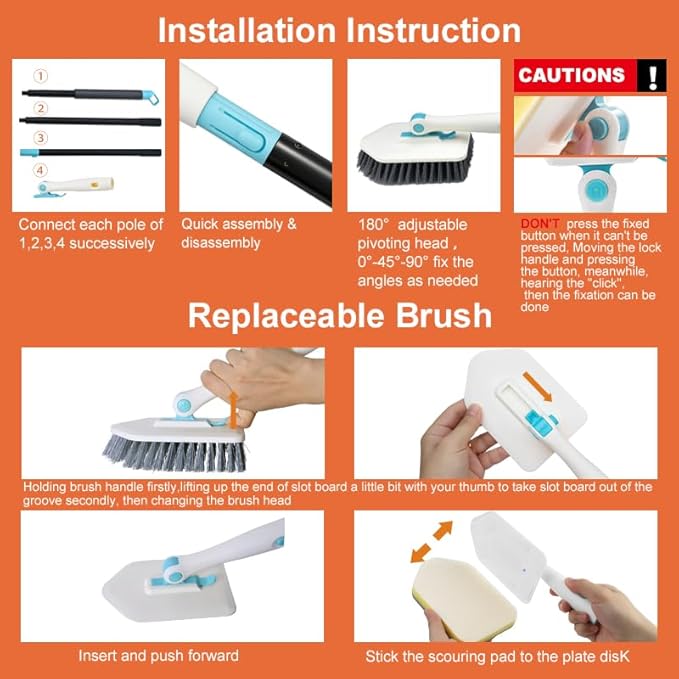 Long Handled Scrub Brush for Shower,3-in-1 Cleaning Brushes with 3 Different Function Cleaning Heads Brush for Shower Cleaning Bathroom Kitchen Walls Tub Tile (White)