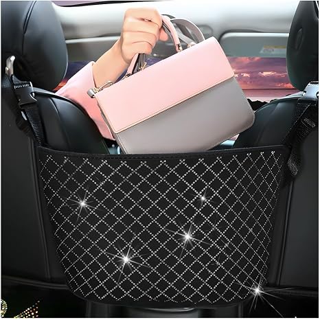 zipelo Bling Car Net Pocket Handbag Holder, Rhinestone Vehicle Backseat Purse Organizer Between Seats, Diamond Hanging S
