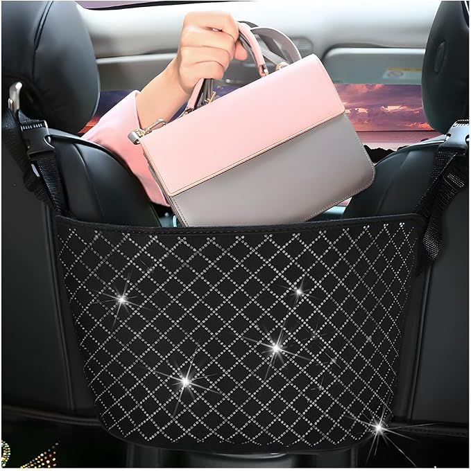 zipelo Bling Car Net Pocket Handbag Holder, Rhinestone Vehicle Backseat Purse Organizer Between Seats, Diamond Hanging S