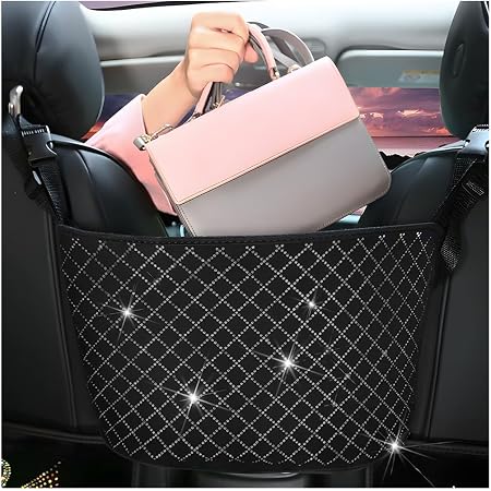zipelo Bling Car Net Pocket Handbag Holder, Rhinestone Vehicle Backseat Purse Organizer Between Seats, Diamond Hanging S
