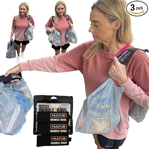 MULTUS Hand or Hands Free Grocery Bag Carrier 3 Pack - Carry Hook and Loop Strap, Plastic Bag Holder and Storage Hanger,