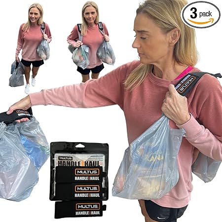 MULTUS Hand or Hands Free Grocery Bag Carrier 3 Pack - Carry Hook and Loop Strap, Plastic Bag Holder and Storage Hanger,