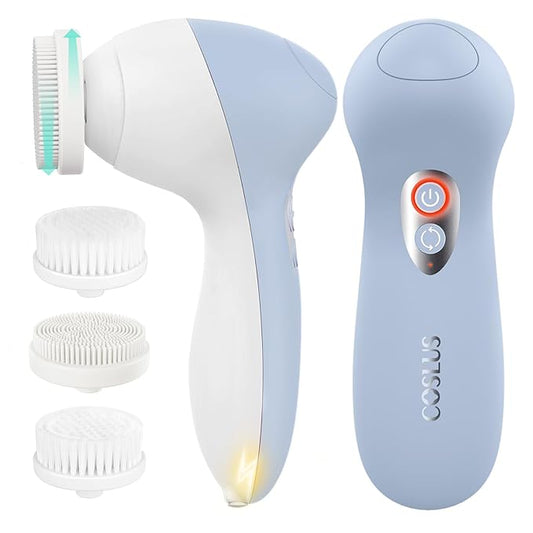 COSLUS FBX04 Powered Facial Cleansing Brush: Rechargeable Electric Face Cleanser for Sensitive & Acne-Prone Skin, 3 Brush Heads, 3 Speeds, 2-Direction Rotation, for Men Women IPX7, Deep Cleaning Blue