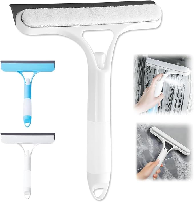 Shower Squeegee for Glass Doors, 3 in 1 Squeegee for Shower Glass with Spray, Scrubber and Shower Squeegee for Glass Doors, Mirrors, Car and Home, All-Purpose Window Cleaner Tool (White)