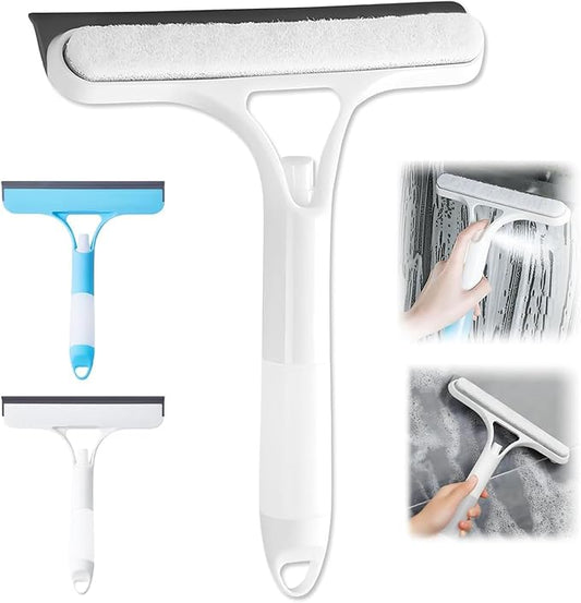 Shower Squeegee for Glass Doors, 3 in 1 Squeegee for Shower Glass with Spray, Scrubber and Shower Squeegee for Glass Doors, Mirrors, Car and Home, All-Purpose Window Cleaner Tool (White)