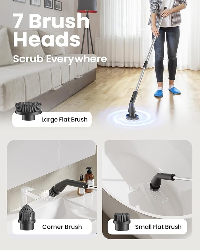 Electric Spin Scrubber, Upgraded IPX7 Cordless Cleaning Brush for Bathroom Shower, Household Cleaning Scrubber with 7 Brush Heads, Adjustable Long Handle and 2 Rotating Speeds for Tub Floor