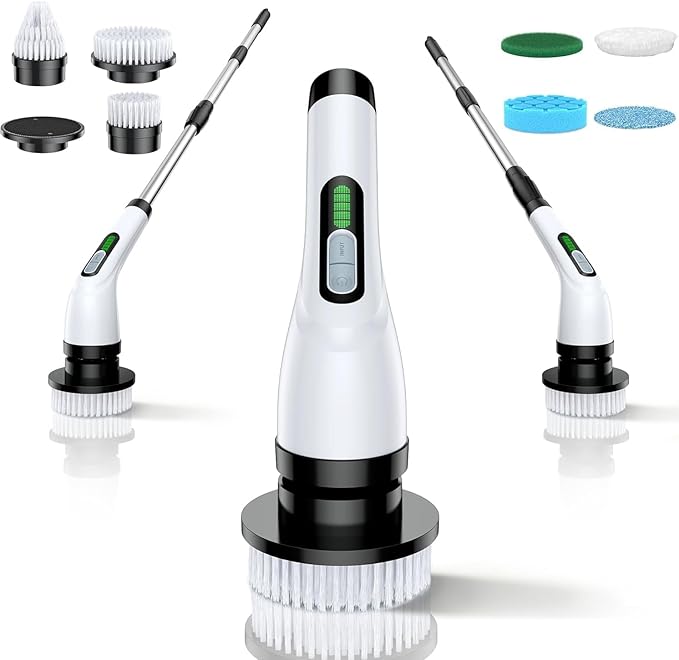 Electric Spin Scrubber for Bathroom: Shower Scrubber with Long Handle, Dual Speed Cordless Power Cleaning Scrub, 7 Brush Heads, IPX7 Waterproof Heavy Duty Cleaner Tools for Tub Tile Grout Wall