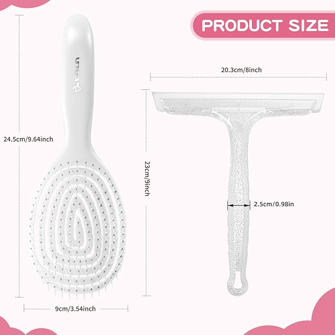 8" Silicone Shower Squeegee for Glass Doors with Silver Hair Comb Set, Bathroom,Kitchen Safe Water Blade, Car Window,Mirror, Tile Scraper — Ideal for Hair Care and Glass Cleaning