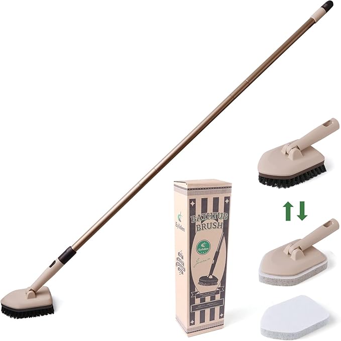 Eyliden Shower Scrubber with Long Handle, Tub and Floor Scrub Brush for Bathroom, Tile, Bathtub, Grout, Sink, 2 Type Cleaning Heads - 1 Stiff Bristle & 2 Non-Scratch Pads, 180° Swivel Head