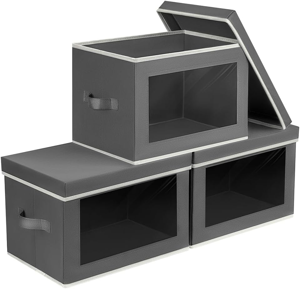 Storage Bins with Lids - Fabric Storage Boxes with Window, Collapsible Closet Organizers with Handles, 3 Pack Decorative Bin, Home Cubes Baskets for Clothes, Hat, Books, Dark Grey