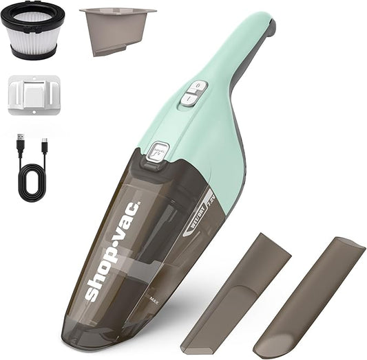 Shop-Vac Wet/Dry Handheld Vacuum Cordless, Powerful Portable Car Vacuum Rechargeable, Wall-Mounted Hand Vac with Crevice Tool, Lightweight Hand Vacuum for Home & Car, Washable Filter, Green