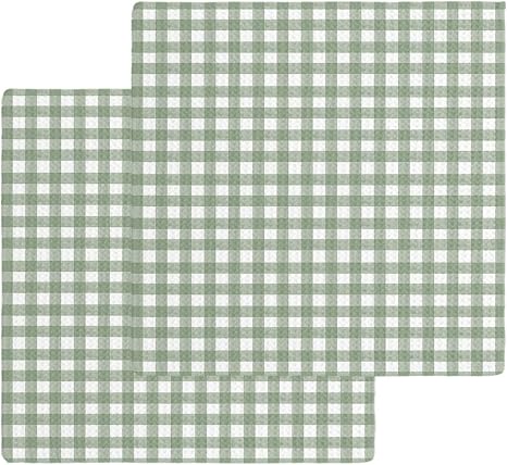 DecorLovee Sage Green Buffalo Plaid Kitchen Towels Set of 2, Green White Checkered Waffle Microfiber Towels Cleaning, Fa