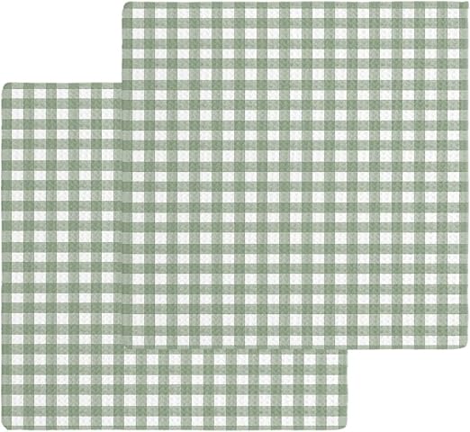 DecorLovee Sage Green Buffalo Plaid Kitchen Towels Set of 2, Green White Checkered Waffle Microfiber Towels Cleaning, Fa
