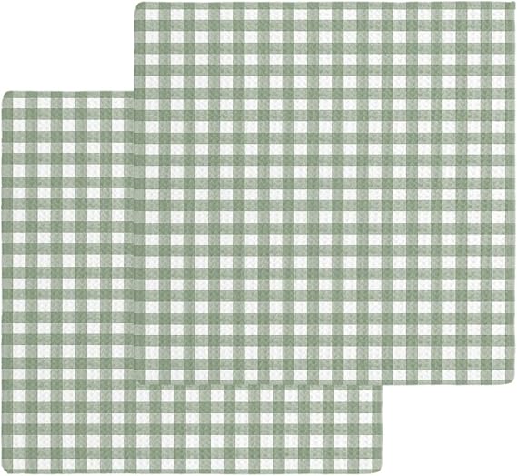 DecorLovee Sage Green Buffalo Plaid Kitchen Towels Set of 2, Green White Checkered Waffle Microfiber Towels Cleaning, Fa