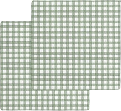 DecorLovee Sage Green Buffalo Plaid Kitchen Towels Set of 2, Green White Checkered Waffle Microfiber Towels Cleaning, Fa