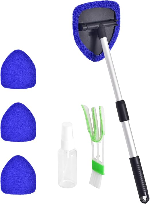 Windshield Cleaner with Extendable Handle & Microfiber Pads