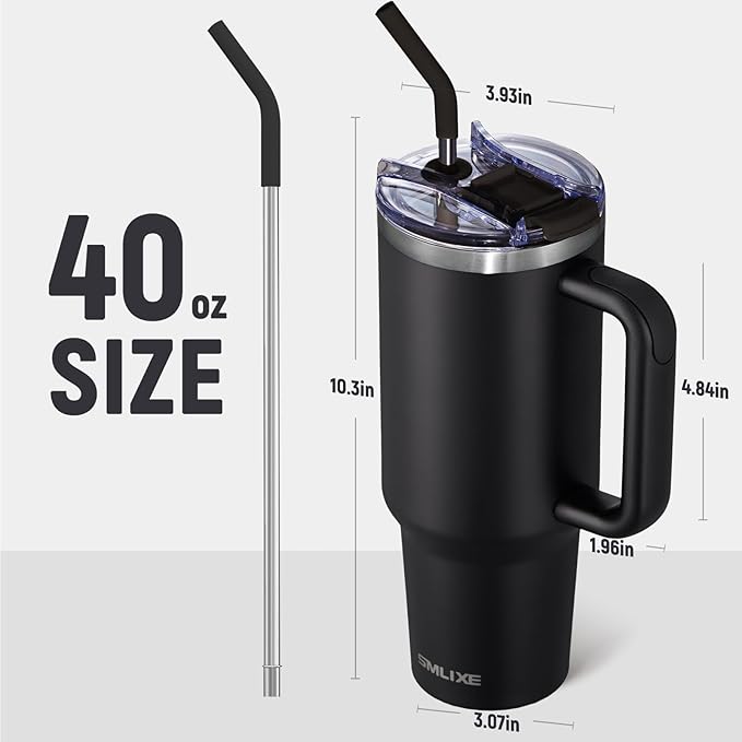 40 oz Tumbler with Handle and Straw Lid,Insulated Reusable Stainless Steel Water Bottle Travel Mug，Cupholder Friendly Double Wall Vacuum Sealed Cup (Black)