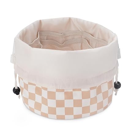 Narwey Barrel Drawstring Checkered Makeup Bag Large Cosmetic Bag Make up Bags Toiletry Bag Travel Bags for Toiletries Or