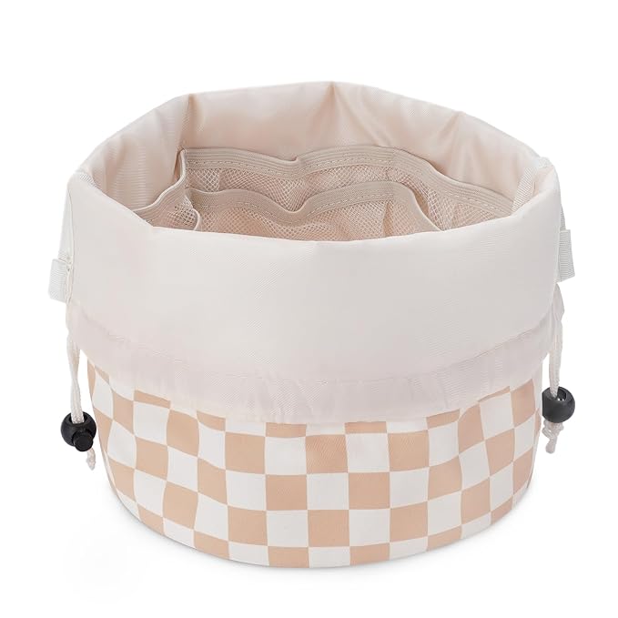 Narwey Barrel Drawstring Checkered Makeup Bag Large Cosmetic Bag Make up Bags Toiletry Bag Travel Bags for Toiletries Or