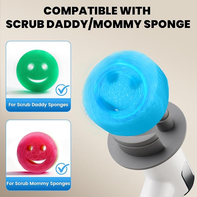 Electric Spin Scrubber for Scrub Daddy/Mommy, Goldusk 2-Speed Power Cleaning Brush with Digital Display 4 Replacement Brush Heads, Smiley Sponge Wand Handle Dish Wand for Sink/Griddle/Stove/Tub/Tile
