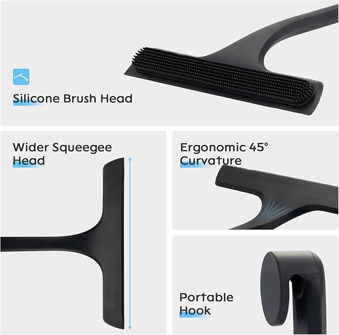10.7“ Wide All-Purpose Shower Squeegee for Glass Doors, Squeegee for Shower Glass with Hook, Window Squeegee for Home, Small Squeegee for Shower, Bathroom, Car Glass, Mirror (Black)