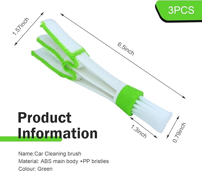 3 PCS Mini Car Air Vent Gap Duster Brush, Double Ended Soft Bristle Dashboard Window Blind Duster, Deep Cleaning Car Interior Dust Remover Tool for Most Cars SUVs Trucks (Green)