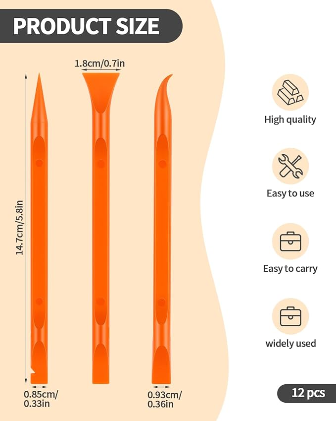 12 PCS Carbon Fiber Plastic Scrapers Tool, Non-Scratch Scraper Tool for Tight Spaces, Multi-Purpose Label Scraper Pen-Shaped, for Car Cleaning Supplies, Kitchen, Crevices, Stains (Orange)