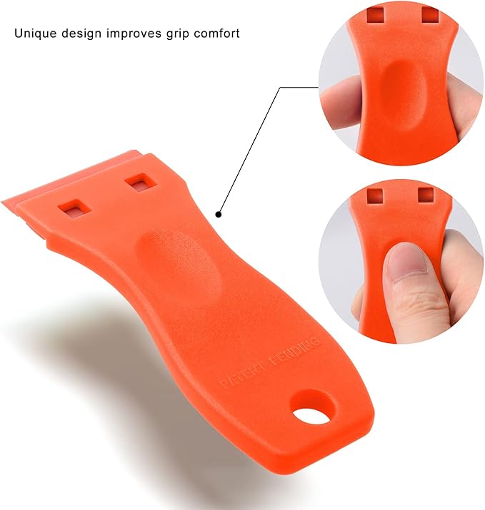 FOSHIO 2PCS Orange Plastic Razor Blade Scraper Tool and 100PCS Orange Plastic Blades for Gasket Remover, Sticker Remover, Labels Decal and Adhesive Remover for Windows and Glass