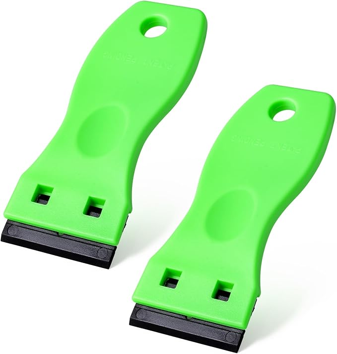 FOSHIO 2PCS Plastic Razor Blade Scraper Tool and 100PCS Plastic Blades for Gasket Remover, Sticker Remover, Labels Decal and Adhesive Remover for Windows and Glass (Lime Green)